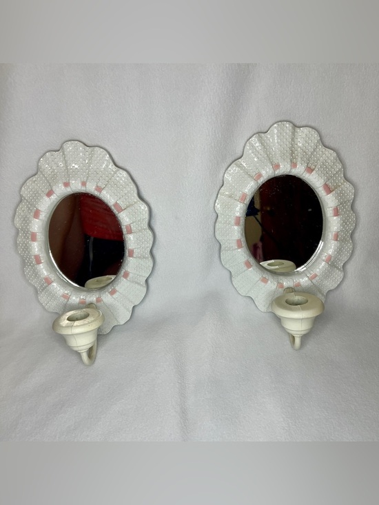 Homco Other - Vintage Homco Burwood Hobnail Wall Candle Sconces Pair White Pink Glass